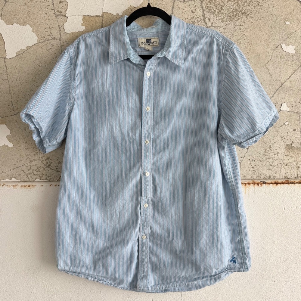 Vtg Striped Shirt Short Sleeve Button Up XL Blue White Stripes 90s Minimalist